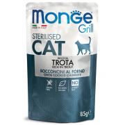 Monge Grill Sterilized Rich in Trout полнорационный корм для стерилизованных кошек и кастрированных котов, с кусочками итальянской форелью в желе, премиум качества 85 гр