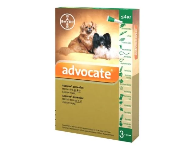 1030044 Advocate для собак до 4 кг эндоэктоцид 1 пипетка 0,4 мл — изображение 1