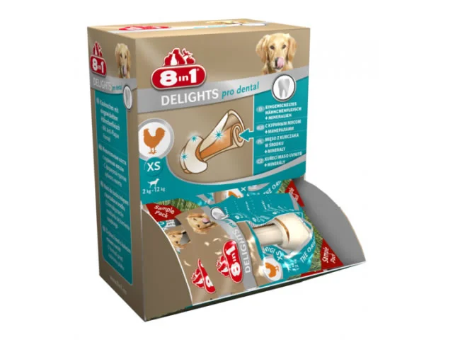 1040009 8in1 Делайтс Дентал жевательные кости с куриным мясом внутри для очищения зубов, 1шт. — изображение 1