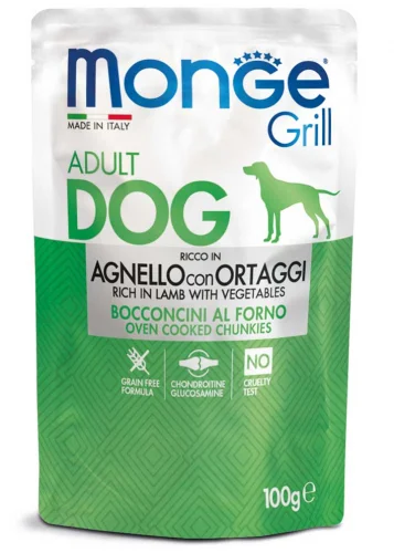 Monge Grill Adult Agnello con Ortaggi полнорационный корм для взрослых собак, с запеченными кусочками на основе ягненка с овощами, супер премиум качества 100 гр