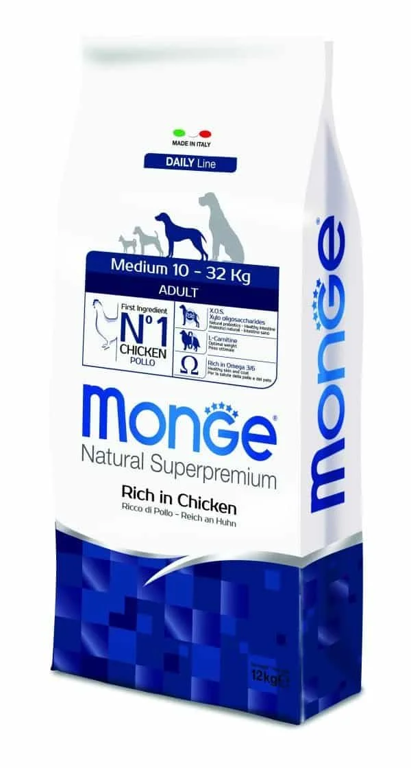 60106490 Monge Medium Adult Natural Super Premium Rice in Chicken сбалансированный полнорационный сухой корм, для взрослых собак средних пород, с курицей и рисом, супер премиум качества (целый мешок 12 кг) — изображение 1