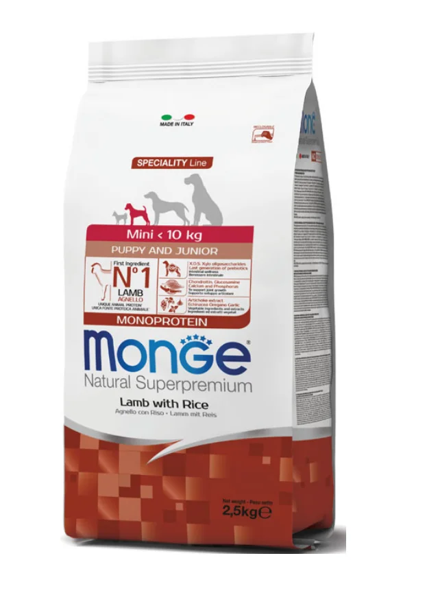 6010658 Monge Natural Junior Supetoremium Lamb & Rice сбалансированный сухой корм для щенков мелких пород, с ягненком и рисом, супер премиум качества 2.5 кг — изображение 1