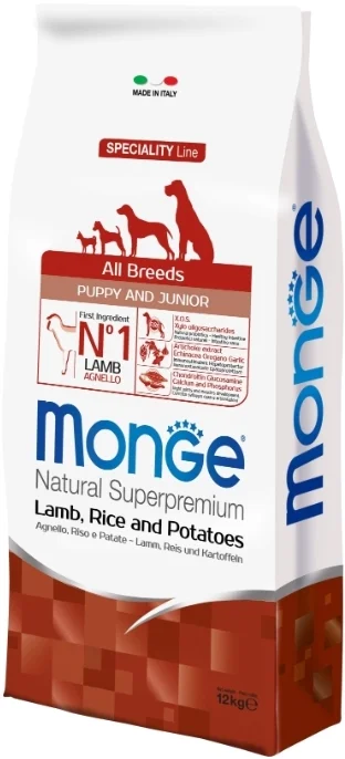 60106660 Monge Puppy and Junior Natural Super Premium Lamb and Rice сбалансированный полнорационный сухой корм, для щенков всех пород, с ягненком и рисом, супер премиум качества (целый мешок 12 кг) — изображение 1