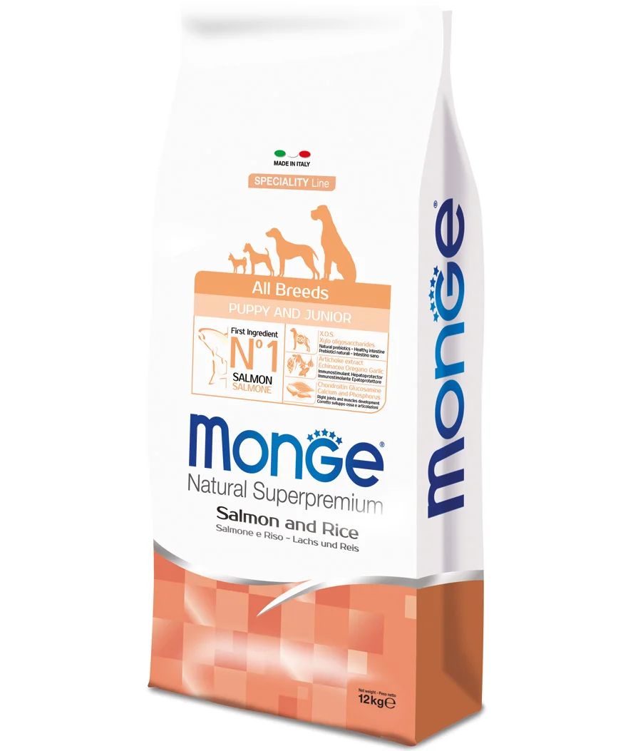 60106690 Monge Puppy and Junior Natural Super Premium Salmon and Rice сбалансированный полнорационный сухой корм, для щенков всех пород, с лососем и рисом, супер премиум качества (целый мешок 12 кг) — изображение 1