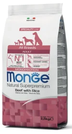 Monge Adult Monoprotein Natural Super Premium Mal əti düyü ilə, bütün cinslərdən olan yetkin itlər üçün, mal əti və düyü ilə birlikdə, super premium keyfiyyətli (bütöv çanta 12 kq), bir heyvan zülalı mənbəyi olan balanslaşdırılmış, tam quru yemdir.