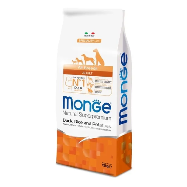6010673 Monge Adult Natural Super Premium Ördək, Düyü və Kartof, bütün cinslərdən olan yetkin itlər üçün balanslaşdırılmış, tam quru yemdir. Ördək, düyü və kartofdan ibarətdir, super premium keyfiyyətli (toplu) - Şəkil 1