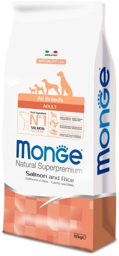 6010677 Monge Adult Natural Super Premium Somon və Düyü, bütün cinslərdən olan yetkin itlər üçün balanslaşdırılmış, tam quru yemdir, qızılbalıq və düyü ilə, super premium keyfiyyətli (toplu) - Şəkil 1