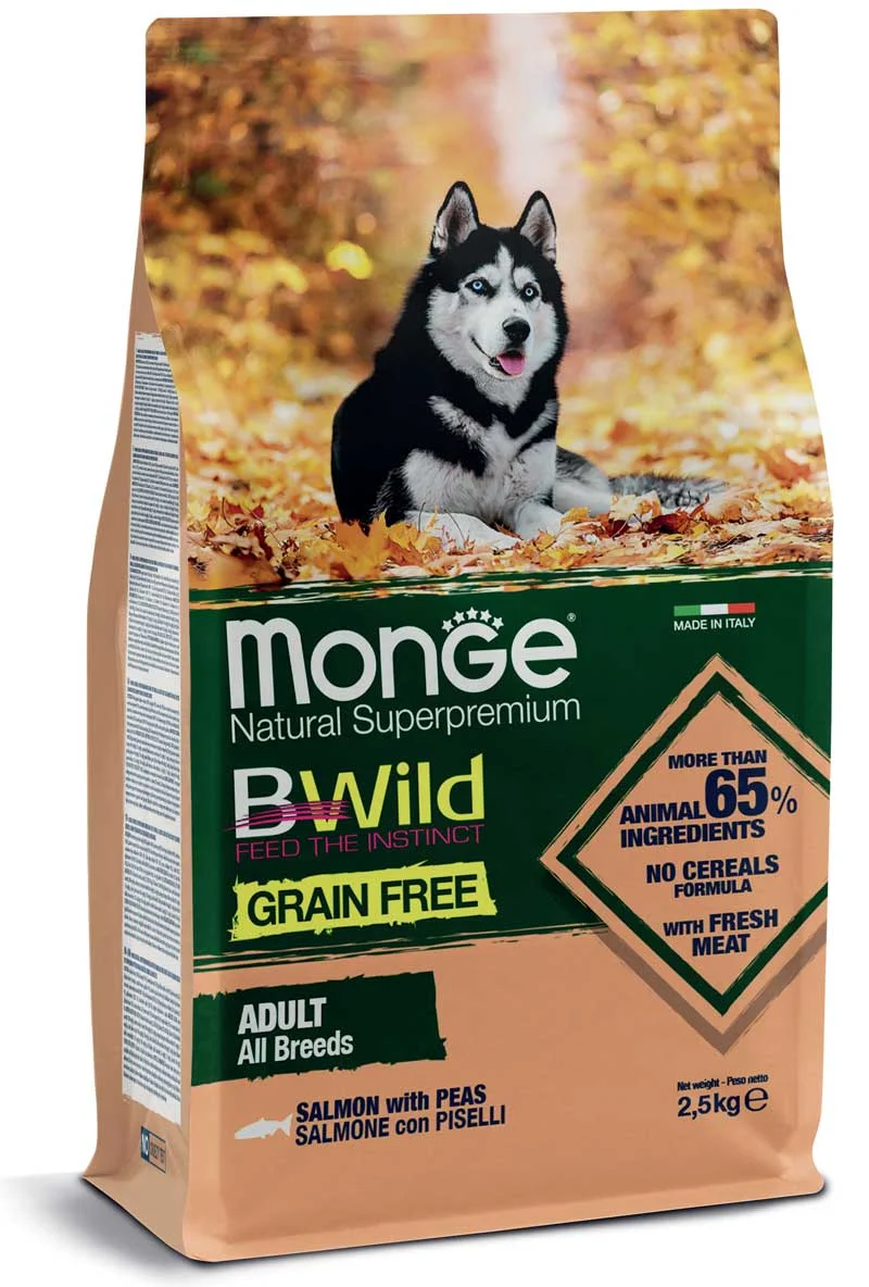 60106880 Monge Adult all Breeds Natural Super Premium Salmon with Peas, полноценный рацион для взрослых собак всех пород, с лососем и горохом, супер премиум качества (целый мешок 12 кг) — изображение 1