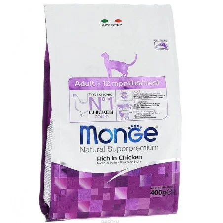 6010716 Monge Adult Natural Superpremium Chiken полнорационный сухой корм для взрослых кошек, с курицей без добавления сои, супер премиум качества 400 гр — изображение 1