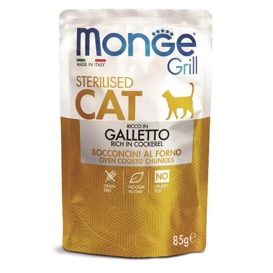 6010724 Monge Grill Sterilizasiya olunmuş Galletto, sterilizasiya edilmiş və kastrasiya edilmiş pişiklər üçün tam bir qidadır, jele şəklində italyan toyuq parçaları ilə, super premium keyfiyyətli, 85 qr. - Image 1