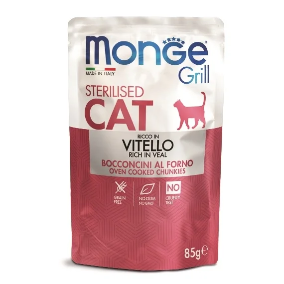 6010725 Monge Grill Sterilizasiya olunmuş Vitello, sterilizasiya edilmiş və kastrasiya edilmiş pişiklər üçün tam bir yemdir, jele şəklində italyan dana əti parçaları ilə, super premium keyfiyyətli, 85 qr. - Image 1