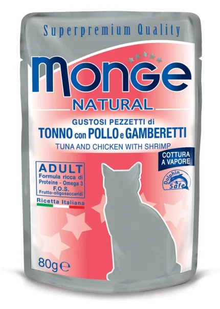 Monge Natural Adult Tonno con Pollo e Gamberetti влажный корм для кошек с тунцом, курицей и креветками в желе, супер премиум качества 80 гр