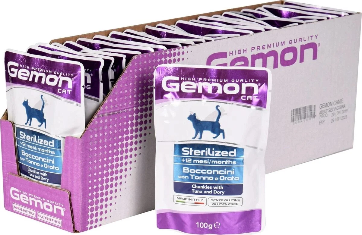 6010773 Gemon Sterilized, sterilizasiya edilmiş və kastrasiya edilmiş pişiklər üçün tam bir yemdir, tuna və dori balığı parçaları ilə birlikdə, yüksək keyfiyyətli, 100 qramdır. - Image 1