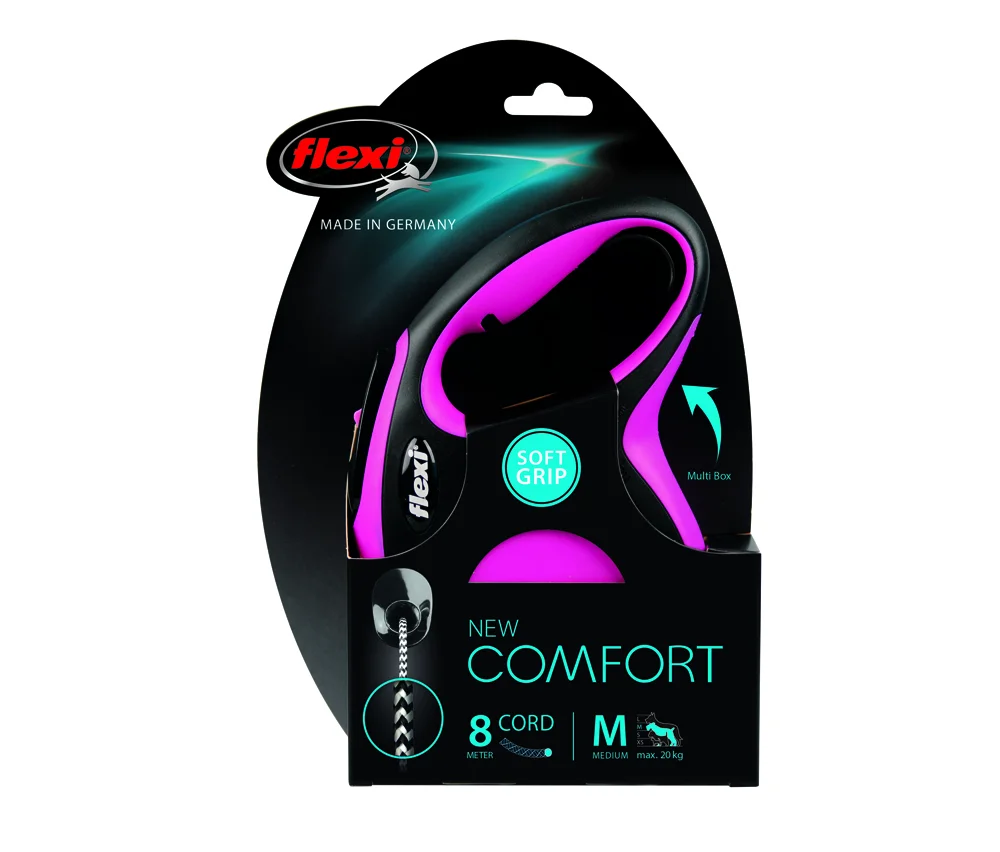 6020043 Flexi New Comfort M Cord 8 m тросовый поводок-рулетка длиной 8 м для собак весом до 20 кг (розовый) — изображение 1