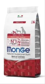 Monge Mini Puppy and Junior Natural Super Premium Rich in Chicken, super premium keyfiyyətli toyuq əti (toplu) ilə kiçik cinsli bala itlər üçün balanslaşdırılmış quru yemdir.