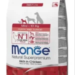Monge Mini Puppy and Junior Natural Super Premium Rich in Chicken, kiçik cinsli bala itlər üçün super premium keyfiyyətli toyuq əti ilə balanslaşdırılmış quru yemdir (15 kq-lıq torba)