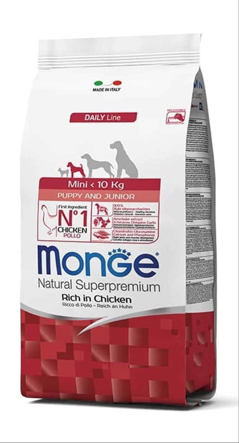 60204200 Monge Mini Puppy and Junior Natural Super Premium Rich in Chicken сбалансированный сухой корм для щенков мелких пород с мясом курицы супер премиум качества (целый мешок 15 кг) — изображение 1