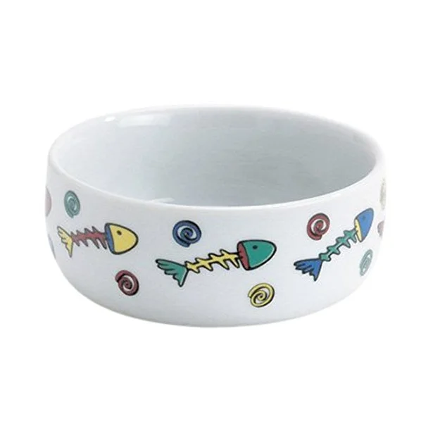 6020635 Beeztees Porcelain feeding or drinking bowl, white with fish decoration керамическая миска для кошек с изображением рыбок, Ø11 см, 325 мл — изображение 1
