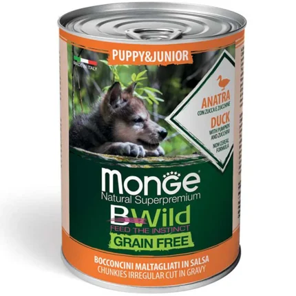 Monge Natural Bwild Grain Free Puppy беззерновой корм для щенков и молодых собак всех пород, в соусе утка с тыквой и кабачками 400 г