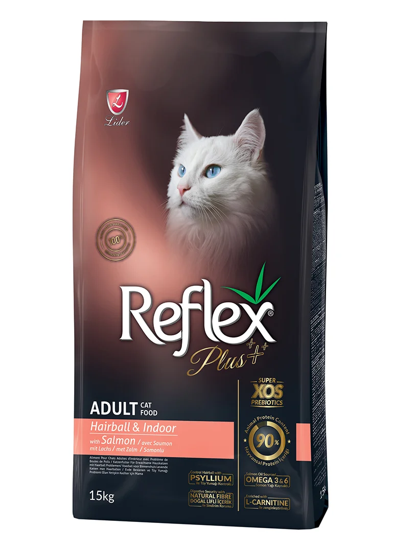 60221670 Reflex Plus Hairball & Indoor полноценный сухой корм для вывода шерсти кошек с лососем (целый мешок 15 кг) — изображение 1