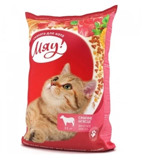 60226070 Мяу сухой корм для взрослых кошек с мясом (целый мешок 11 кг) — изображение 1