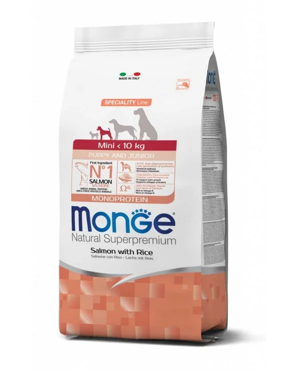 60228830 Monge Mini Puppy and Junior Natural Super Premium Salmon with Rice сбалансированный сухой корм для щенков мелких пород с лососем и рисом супер премиум качества (целый мешок 15 кг) — изображение 1