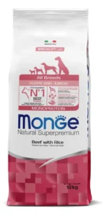 Monge Puppy and Junior Monoprotein Natural Super Premium Mal Əti, bütün cinslərdən olan bala itlər üçün tək bir heyvan zülalı mənbəyi olan balanslaşdırılmış, tam quru yemdir, mal əti və düyü ilə, super premium keyfiyyətli (toplu)