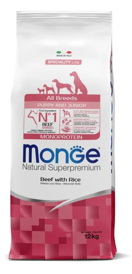 60229580 Monge Puppy and Junior Monoprotein Natural Super Premium Mal Əti, bütün cinslərdən olan bala itlər üçün tək bir heyvan zülalı mənbəyi olan balanslaşdırılmış, tam quru yemdir, mal əti və düyü ilə, super premium keyfiyyətli (12 kq-lıq çanta) - Image 1