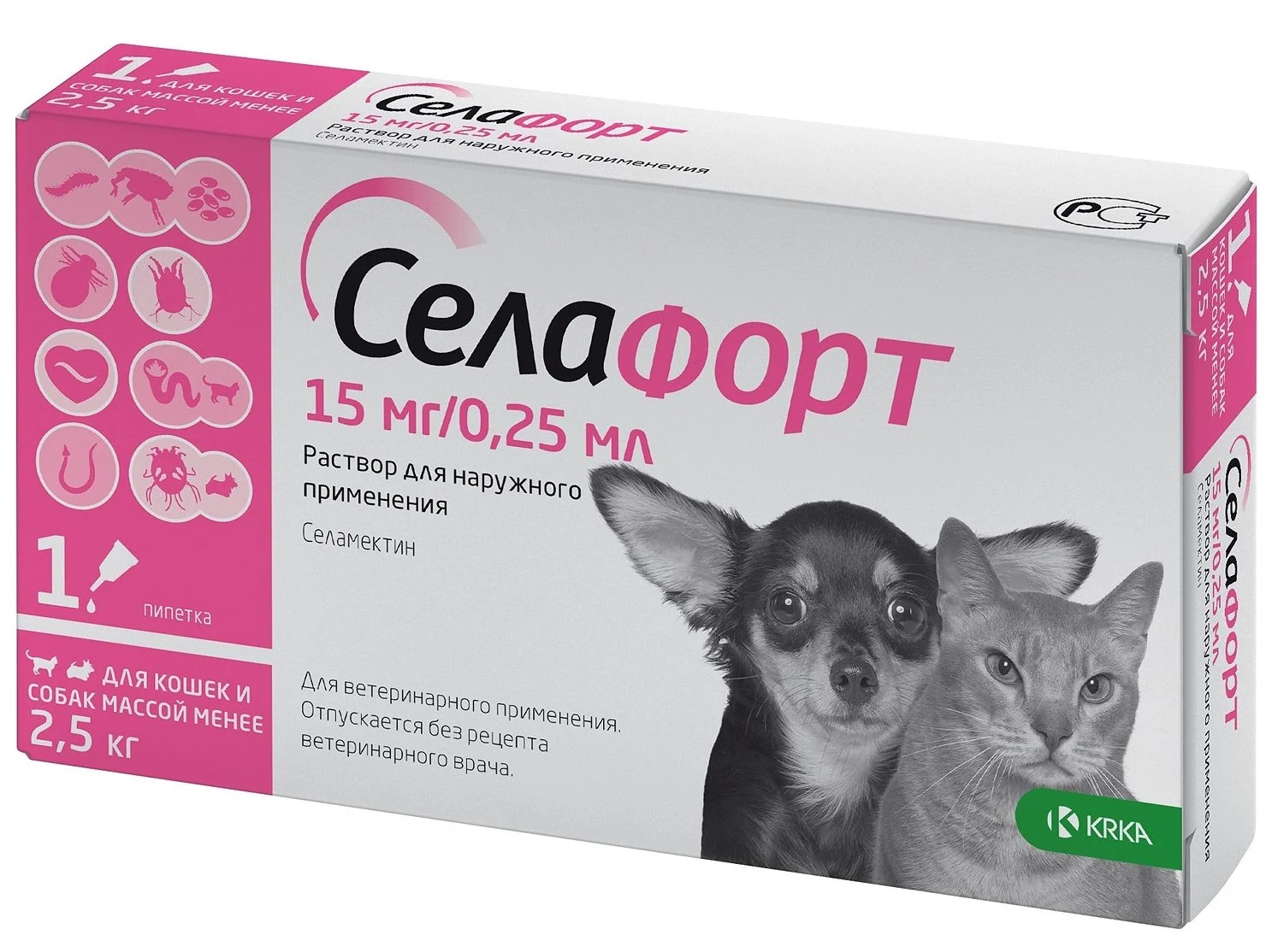 6023077 Селафорт капли на холку от вшей, блох, власоедов и клещей для кошек и собак массой менее 2,5 кг (1 пипетка 15мг/0,25 мл) — изображение 1