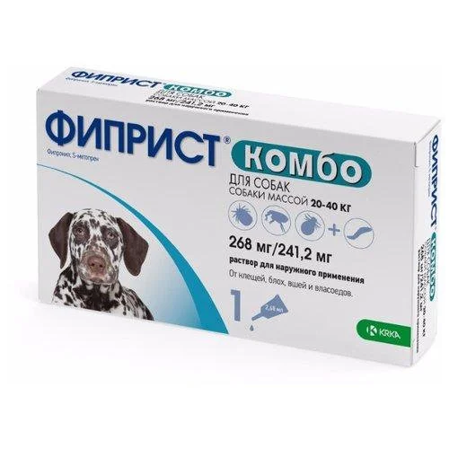 6023188 Фиприст комбо капли на холку от вшей, блох, власоедов и клещей для собак массой от 20 до 40 кг (1 пипетка 268мг/241,2мг) — изображение 1