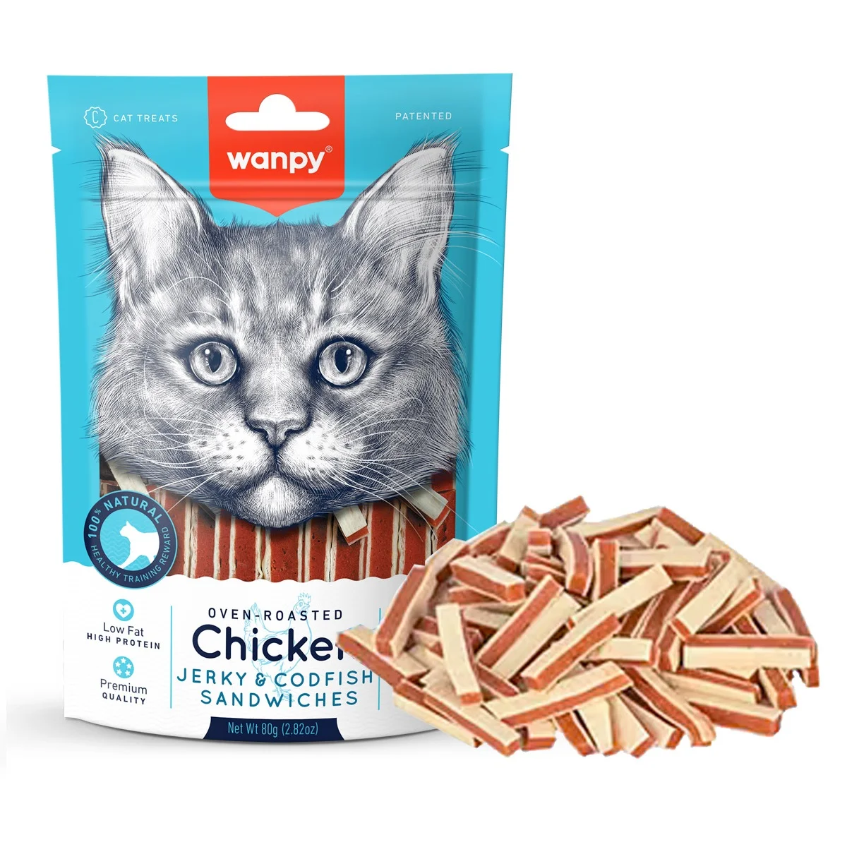 6023325 Wanpy Chicken Jerky and Codfish Sandwiches лакомство для кошек сэндвичи с вяленой курицей и треской 80 г — изображение 1