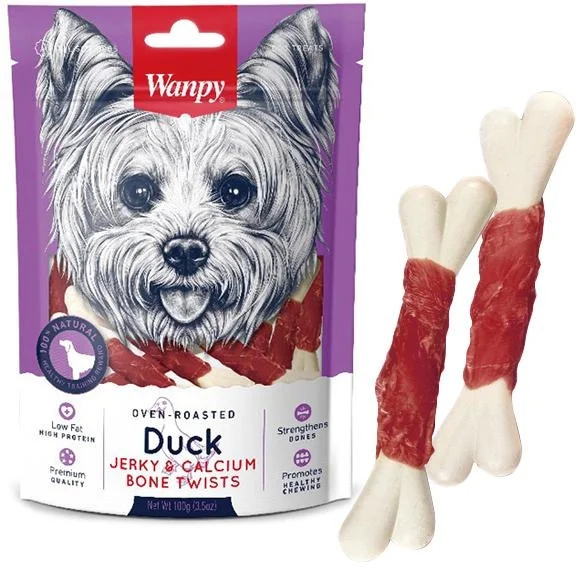 6023330 Wanpy Duck Jerky Calcium Bone Twists Лакомство для собак Кость с вяленой уткой и кальцием 100 г — изображение 1