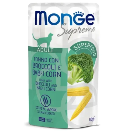 Monge Supreme Adult Cat yetkin pişiklər üçün tuna balığı, brokoli və körpə qarğıdalı ilə yaş yem 80 q