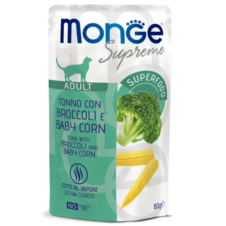6023373 Monge Supreme Adult Cat влажный корм для взрослых кошек с тунцом, брокколи и мини-кукурузой 80 г — изображение 1