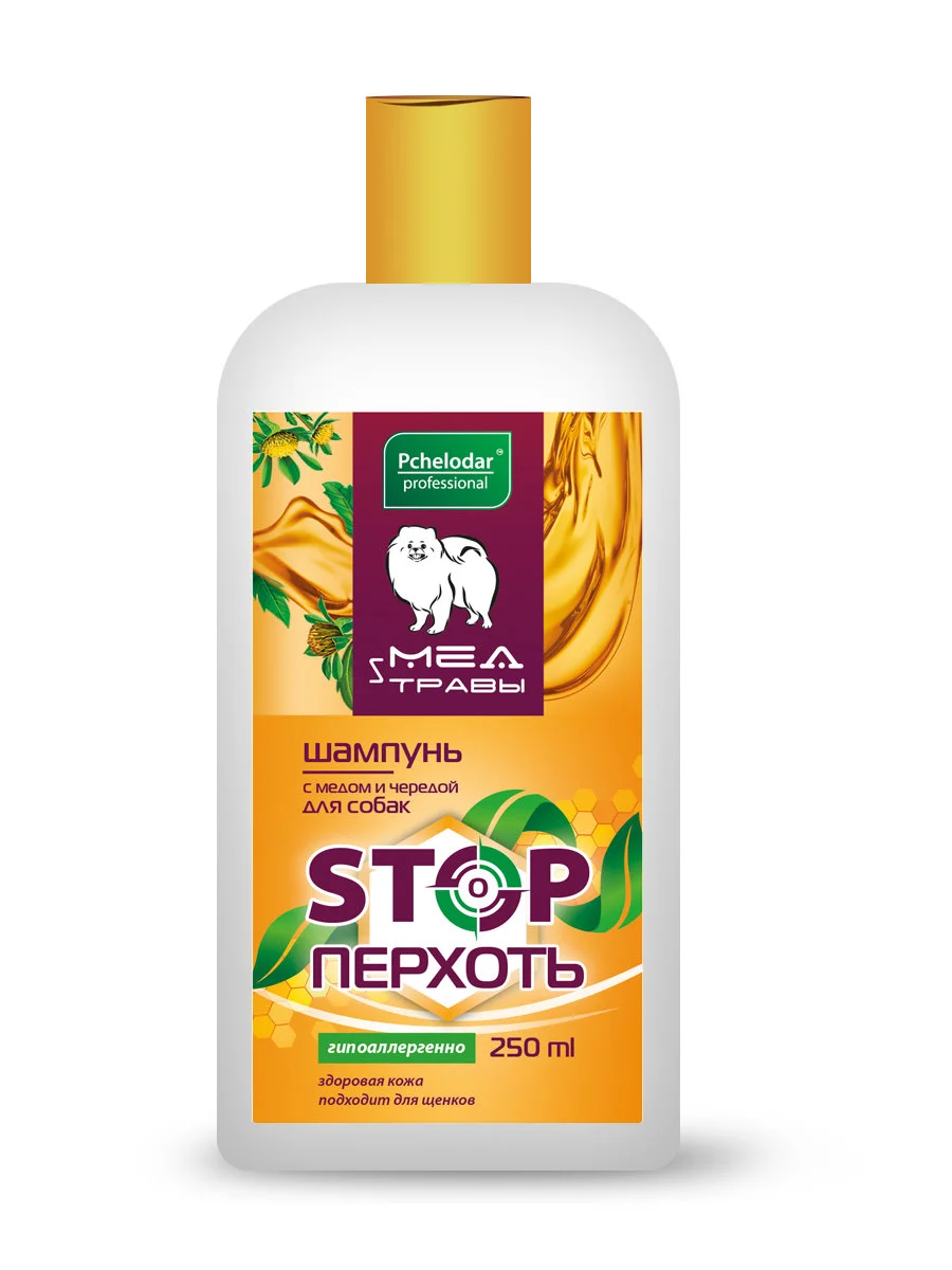 6023608 Pchelodar шампунь "Стоп Перхоть" для собак с мёдом и чередой, 250 мл — изображение 1
