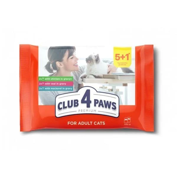 6023697-2 Club 4 Paws premium влажный корм для кошек говядина + курица+ скумбрия 6x80г (Акция 5+1) — изображение 1