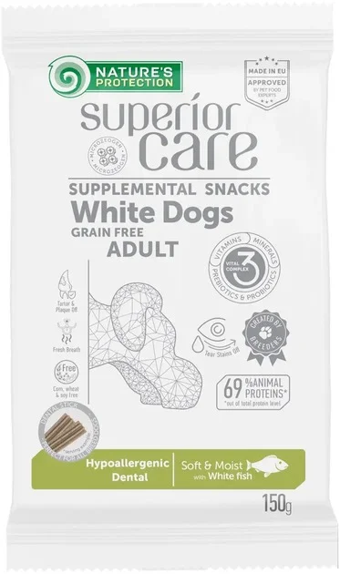 6024109 Nature's Protection Superior Care White Dogs Hypoallergenic & Dental Care беззерновые лакомства для взрослых собак всех пород с белым окрасом шерсти с белой рыбой, 150 г — изображение 1