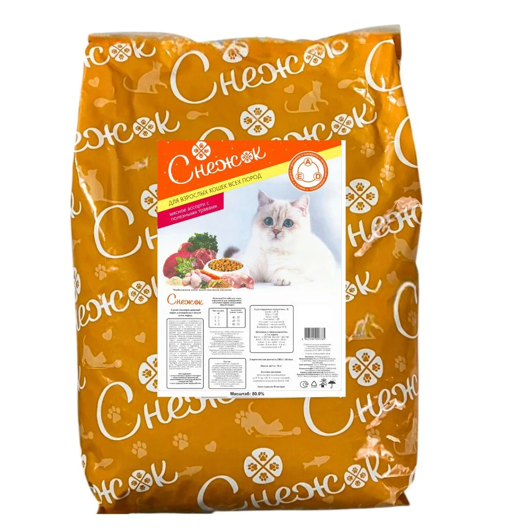 6024139 Снежок, сбалансированный сухой корм для взрослых кошек, мясное ассорти с полезными травами (на развес) — изображение 1