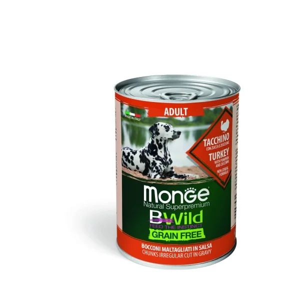 6024208 Monge Dog BWild Grain Free влажный корм для взрослых собак всех пород с индейкой, тыквой и кабачками, 400 г — изображение 1