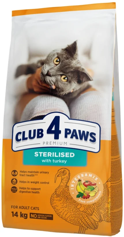Club 4 Paws Premium Sterilised with Salmon сухой корм для котов с индейкой (целый мешок 14 кг)
