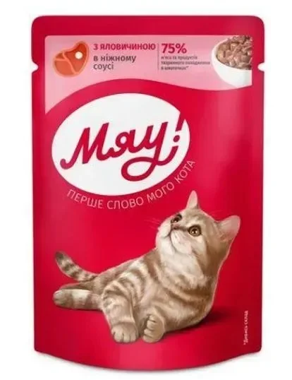 6024273 Мяу влажный корм для кошек с говядиной в нежном соусе, 85 гр — изображение 1