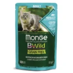 Monge Cat BWild Grain Free влажный корм для взрослых кошек с треской, креветками и овощами в паучах, 85 г