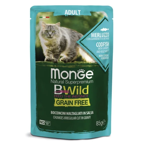 6024301 Monge Cat BWild Grain Free влажный корм для взрослых кошек с треской, креветками и овощами в паучах, 85 г — изображение 1