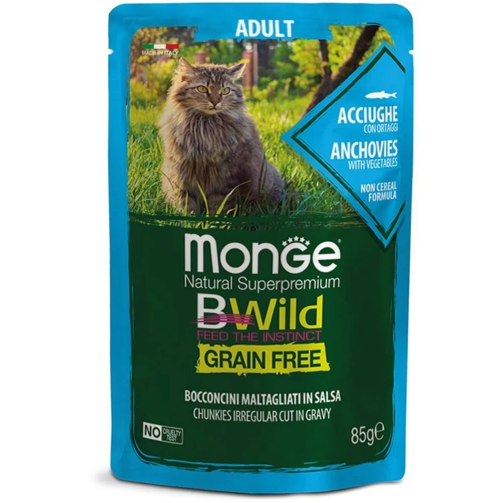 6024302 Влажный корм для кошек Monge Cat Be Wild Gr. Free Wet кусочки в соусе, анчоус с овощами, 85 г — изображение 1