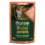 Monge Cat Wild Grain Free yaş yem sterilizasiya edilmiş pişiklər üçün qızılbalıq, karides və tərəvəzlərlə birlikdə paketlərdə, 85 q