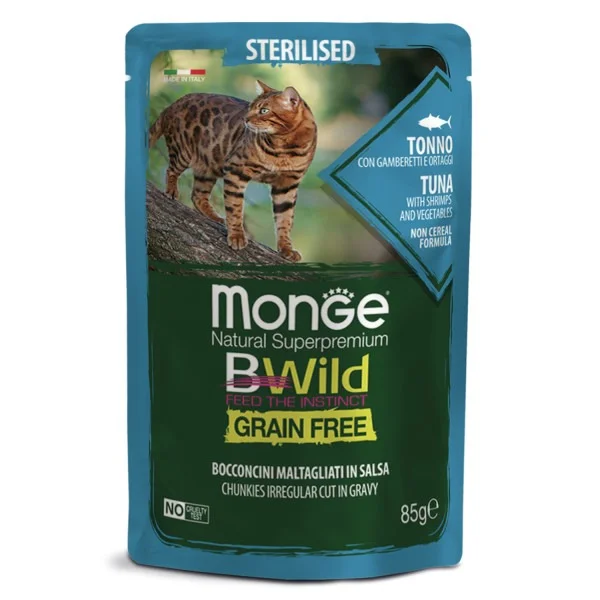 6024305 Monge Cat BWild Grain Free влажный корм для стерилизованных кошек с тунцом, креветками и овощами в паучах, 85 г — изображение 1