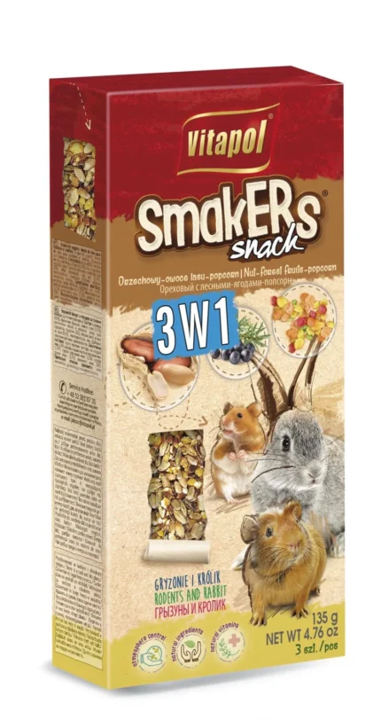 Vitapol Smakers для кроликов и грызунов 3 в 1 (орехи,лесные ягоды,попкорн) 90 гр.