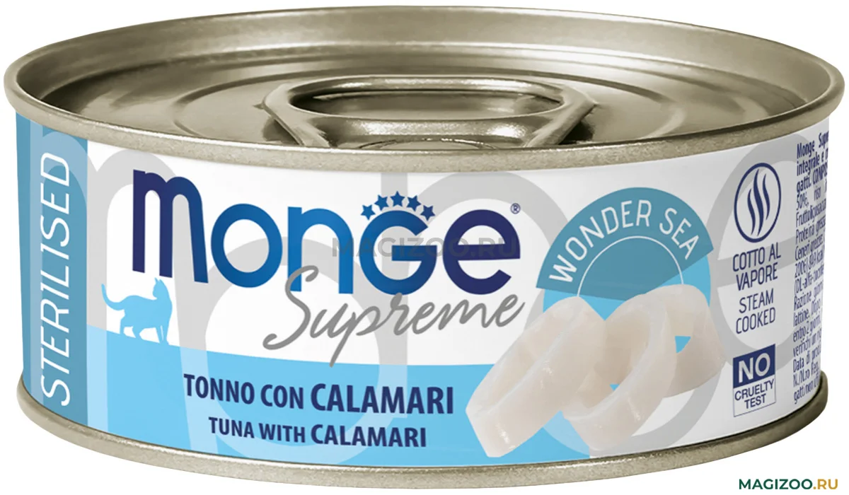 6033416 Monge Supreme Cat Sterelised для взрослых кастрированных котов и стерилизованных кошек с тунцом и кальмаром 80 г — изображение 1