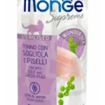 Monge Supreme Cat Sterilised  yetkin sterilizasiya edilmiş erkək pişiklər və sterilizasiya edilmiş dişi pişiklər ilə tuna, sarıüzgəcli kambala və yaşıl noxud, 80 qr üçün