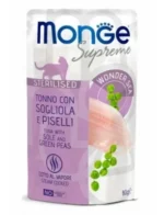 Monge Supreme Cat Sterilised  yetkin sterilizasiya edilmiş erkək pişiklər və sterilizasiya edilmiş dişi pişiklər ilə tuna, sarıüzgəcli kambala və yaşıl noxud, 80 qr üçün